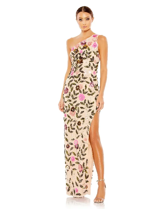 Floral Sequined One Shoulder Column Gown