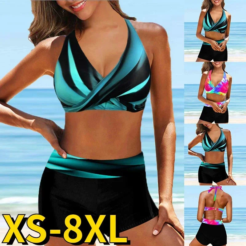 2024 New Women Fashion High Waist Abstract Printing Swimwear Swimsuit Loose Bathing Suit Two Pieces Set Beachwear Sexy Bikini