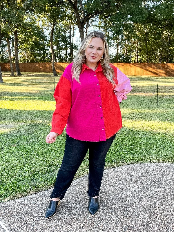 Down The Street Color Block Corduroy Jacket in Pink and Red