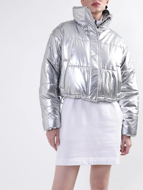 DKNY Women Silver Solid High Neck Jacket