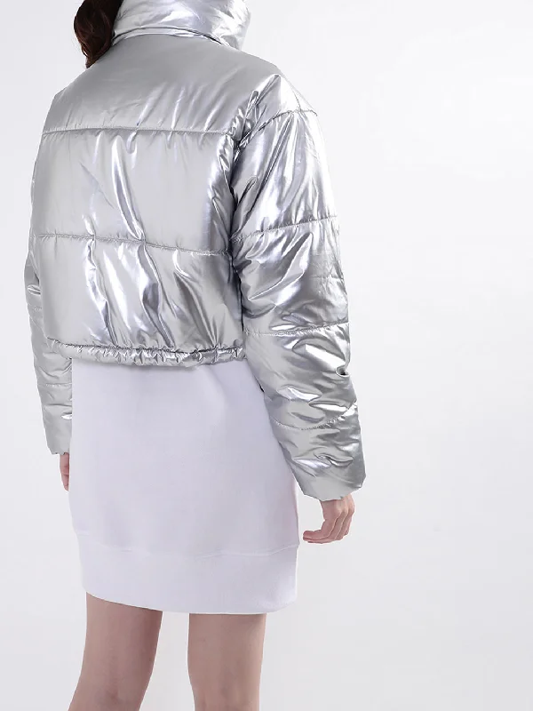 DKNY Women Silver Solid High Neck Jacket