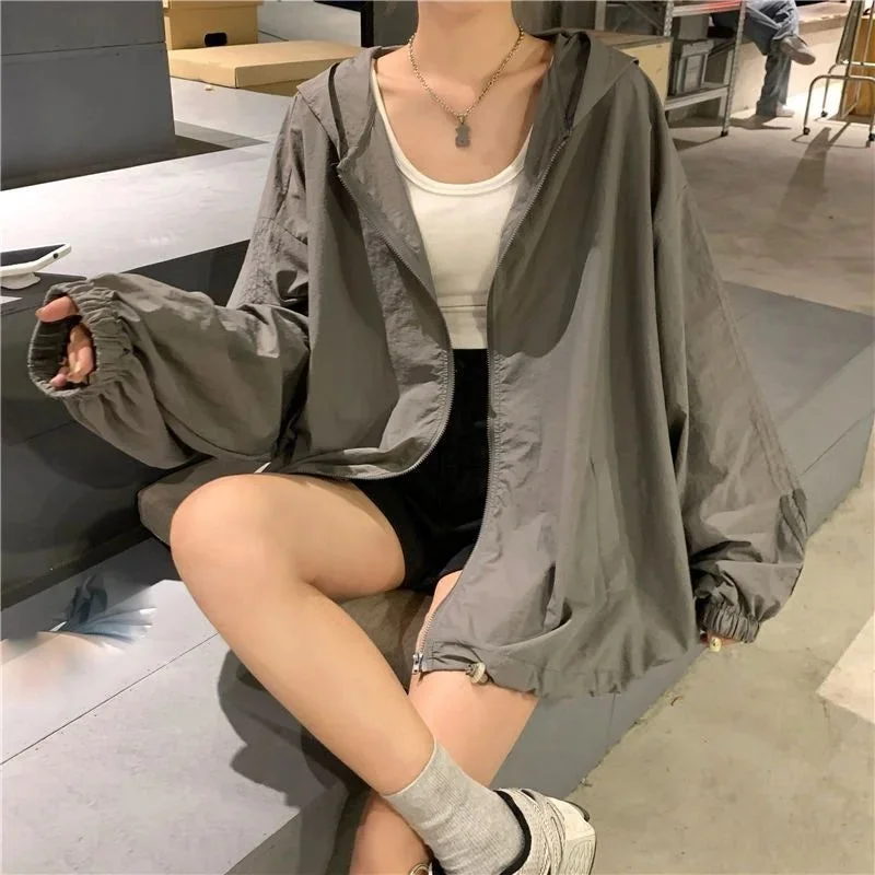 Getadme Fashion Women’s Solid Colors Long Sleeve Windbreaker Jacket Outdoor Jackets Hooded Raincoat Windproof Coat Outwear