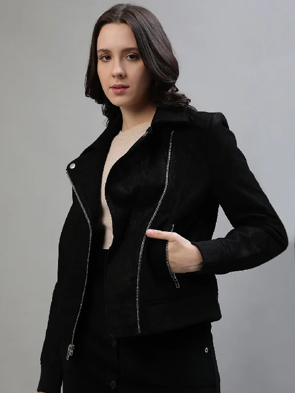 Iconic Women Black Solid Collar Leather Jacket