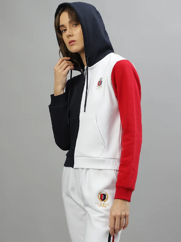 Iconic Women Colour Blocked Hooded Full Sleeves Sweatshirt