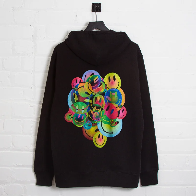 All The Smileys Back Print - Pullover Hood - Black