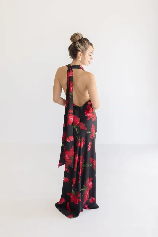 Cher Open Back Halter Tie Floral Print Maxi Dress Black