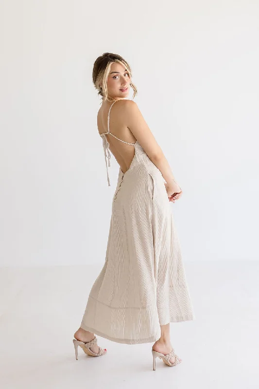 Britton Sleeveless Open Back Stripe Linen Maxi Dress Taupe