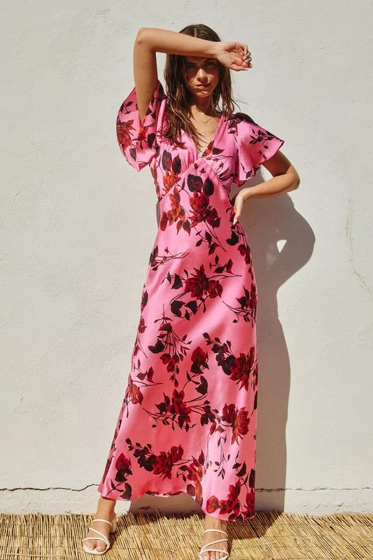 Carol Short Flutter Sleeve Floral Print Maxi Dress Pink