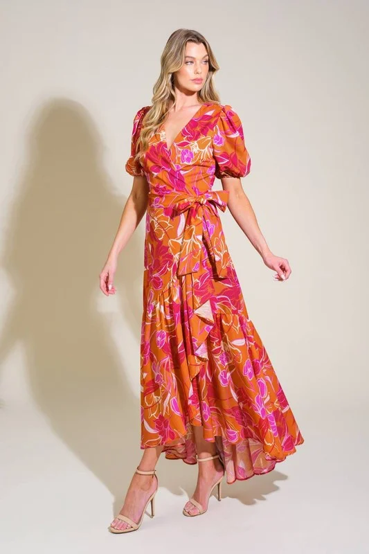 Chelsea Short Puff Sleeve Floral Print Wrap Maxi Dress Orange