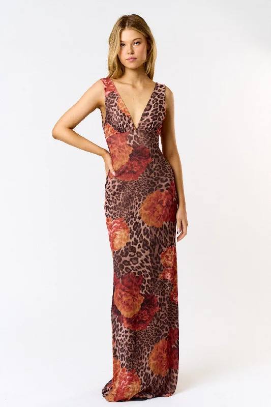 Waitlist 10/2 ♥ Christine Sleeveless Leopard Floral Print Maxi Dress Brown