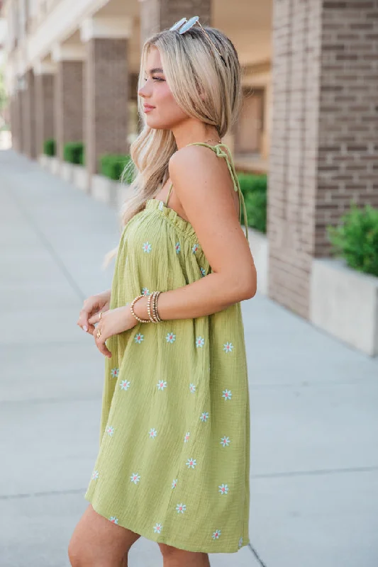 Dance With Me Green Tie Shoulder Floral Mini Dress