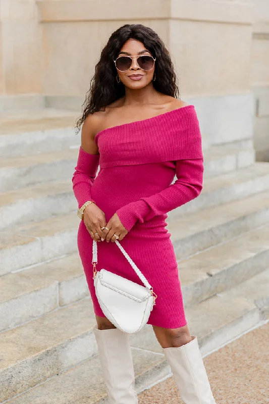 Heading Uptown Magenta Asymmetrical Mini Sweater Dress