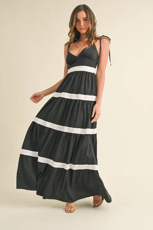 Jenny Sleeveless Shoulder Tie Stripe Print Maxi Dress Black