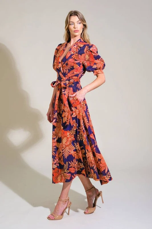 Julia Short Puff Sleeve Floral Print Wrap Maxi Dress Navy