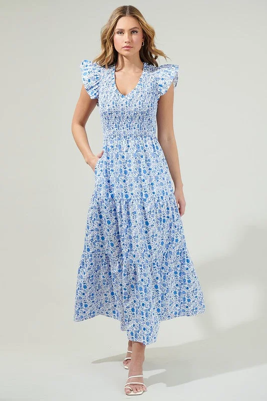 Mandi Ruffle Sleeve Floral Print Maxi Dress Blue