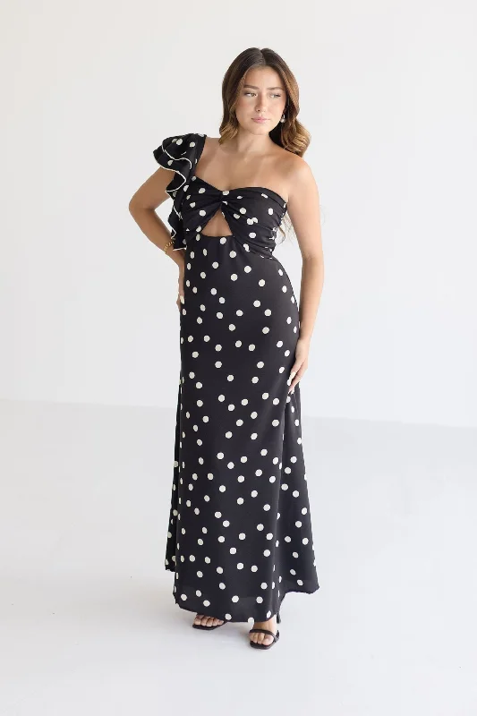 Monique One Shoulder Polka Dot Print Maxi Dress Black