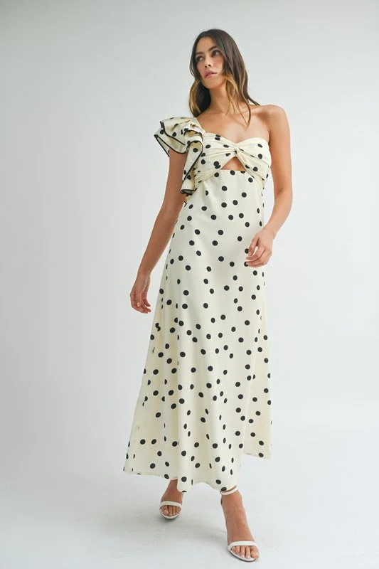 Monique One Shoulder Polka Dot Print Maxi Dress Cream