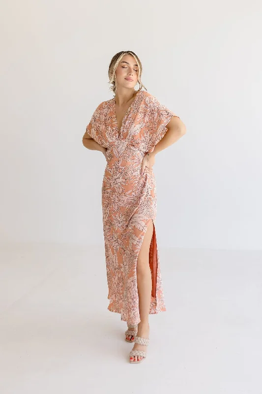 Paloma Kimono Sleeve Floral Print Maxi Dress Orange