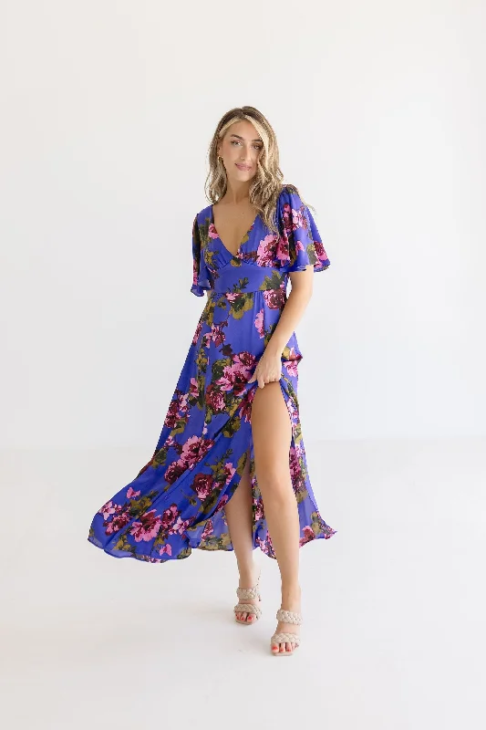 Patricia Flutter Sleeve Floral Print Maxi Dress Navy