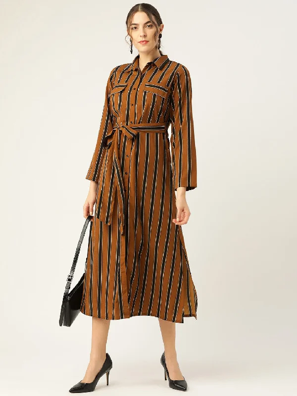 plusS Appealing Brown and Navy Blue Striped Midi Shirt Dress