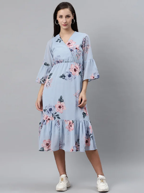 plusS Women Blue  Pink Floral Print Midi Wrap Dress