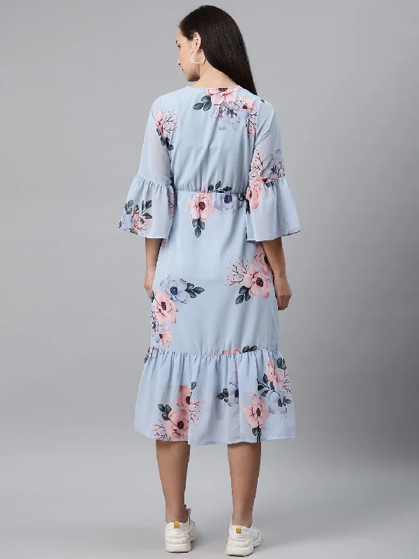 plusS Women Blue  Pink Floral Print Midi Wrap Dress