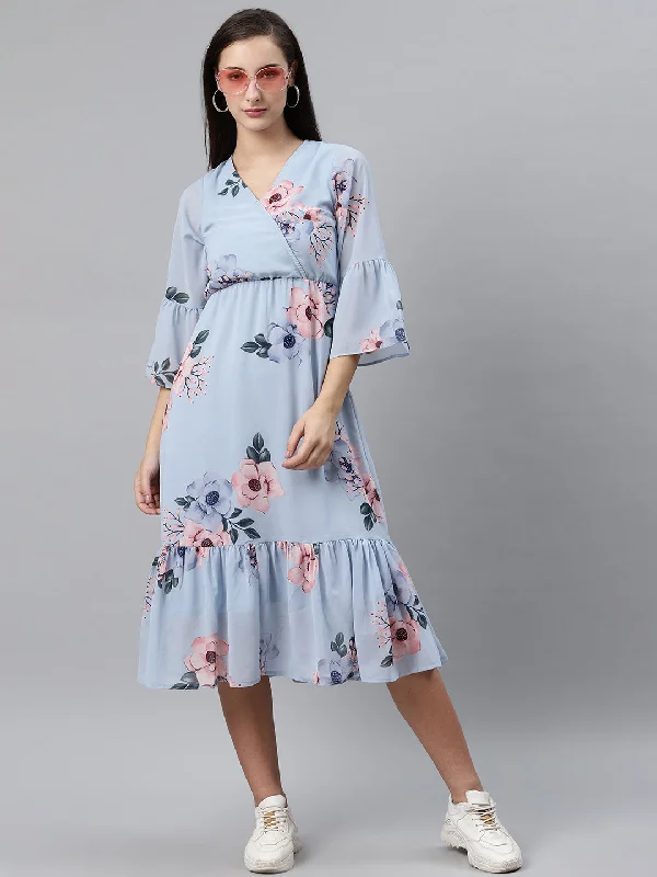 plusS Women Blue  Pink Floral Print Midi Wrap Dress