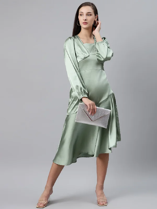 plusS Women Sea Green Solid Midi A-Line Dress