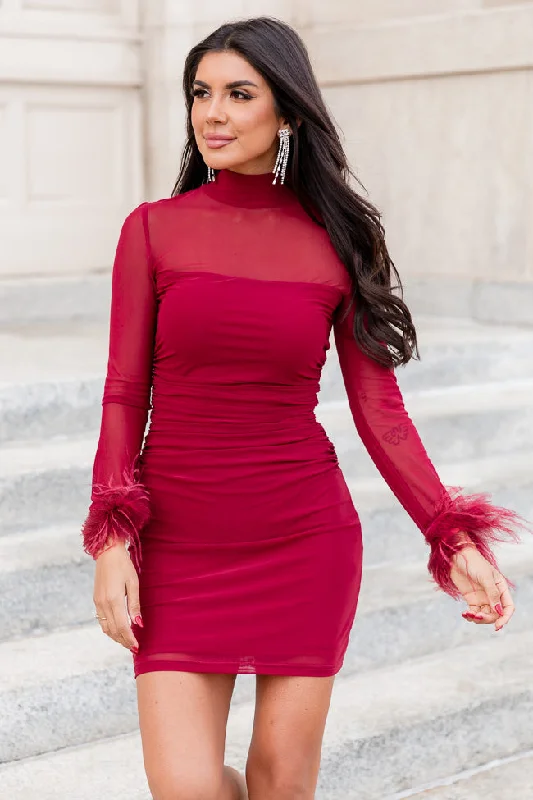 Ready Or Not Wine Mesh Long Sleeve Fur Trim Mini Dress