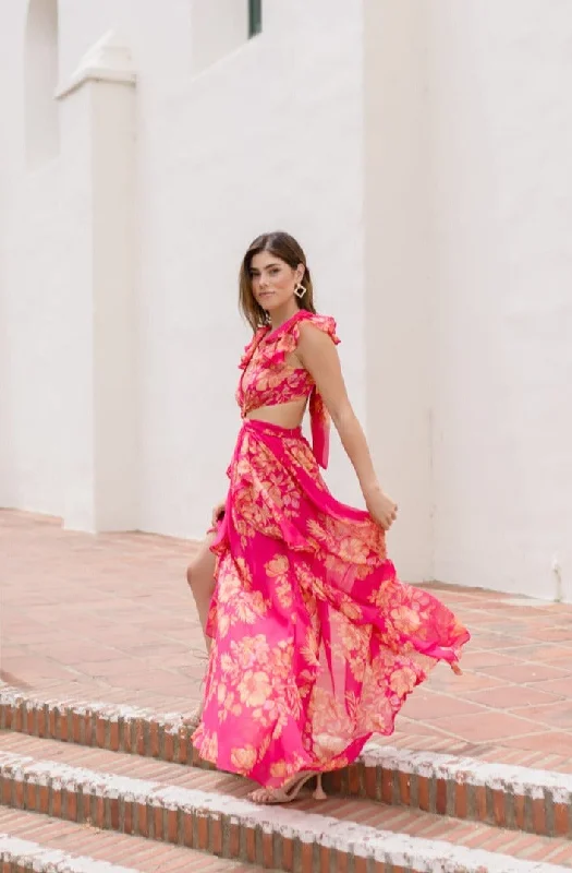 Rory Ruffle Sleeve Cut Out Floral Print Maxi Dress Fuchsia