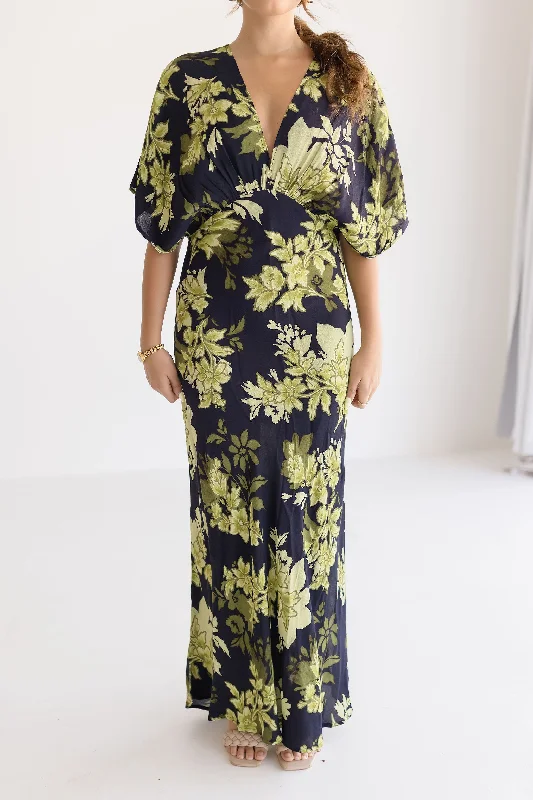 Ryker Kimono Sleeve Floral Print Maxi Dress Black