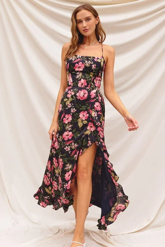 Sami Sleeveless Back Tie Floral Print Maxi Dress Black