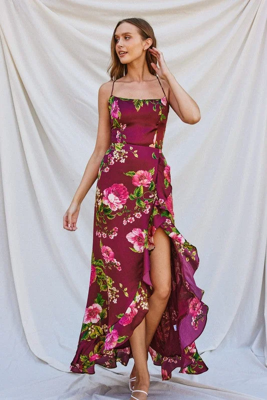 Waitlist 9/12 ♥ Sami Sleeveless Back Tie Floral Print Maxi Dress Burgundy