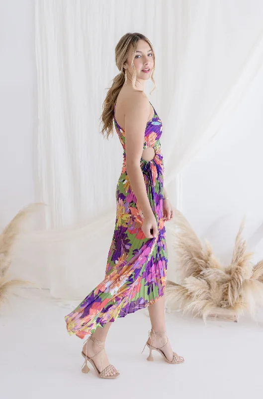 Skye One Shoulder Pleated Floral Maxi Dress Violet