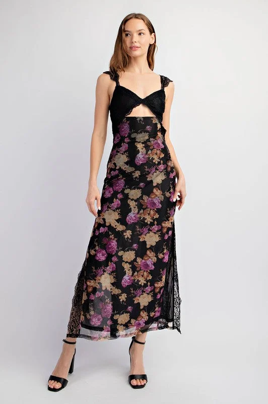 Wilder Floral Print Lace Trim  Maxi Dress Black