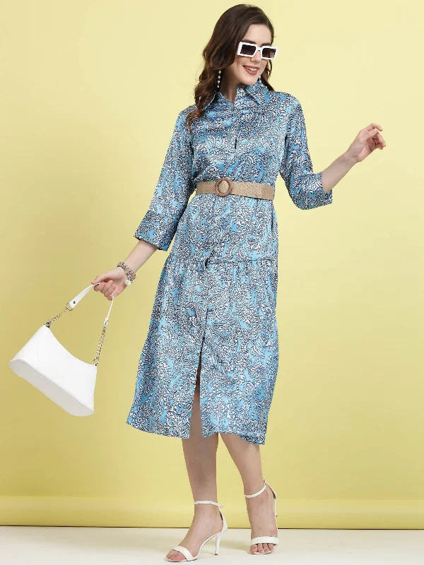 Blue Floral Printed Shirt Collar Belted A-Line Midi Dress