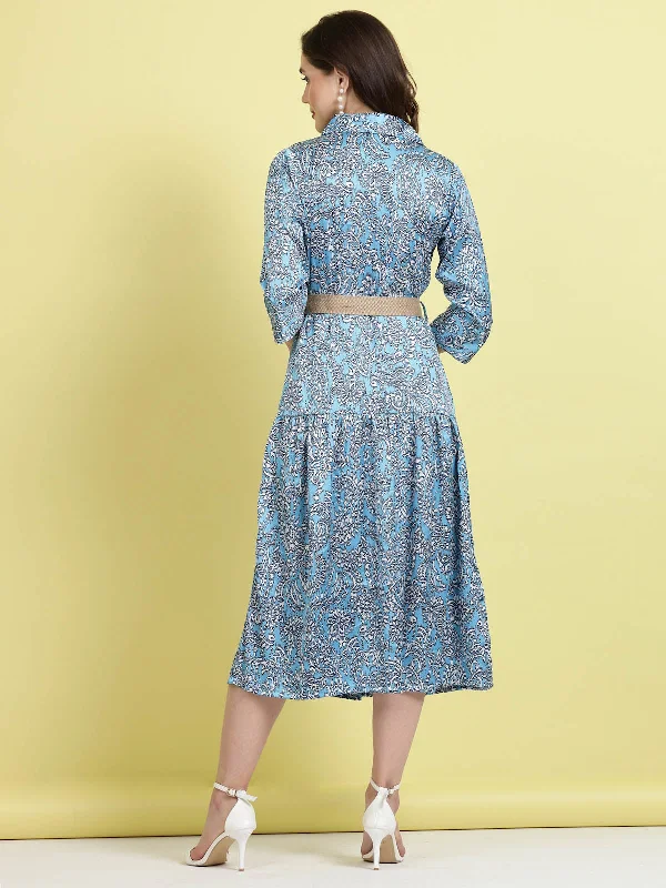 Blue Floral Printed Shirt Collar Belted A-Line Midi Dress