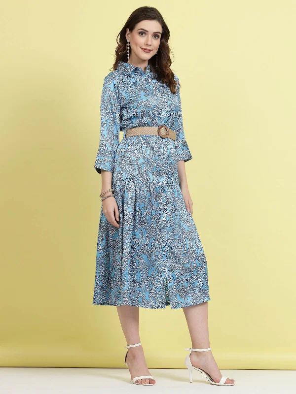 Blue Floral Printed Shirt Collar Belted A-Line Midi Dress