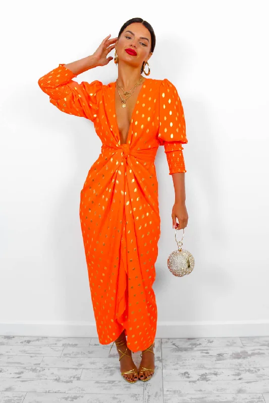 Drive Em Wild - Orange Gold Foil Midi Wrap Dress