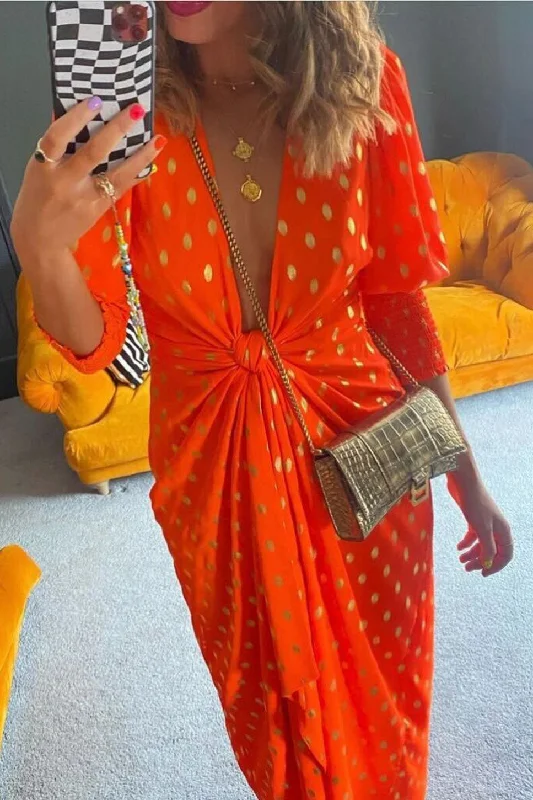 Drive Em Wild - Orange Gold Foil Midi Wrap Dress