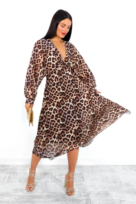 Never Miss A Pleat - Beige Leopard Plunge Pleated Midi Dress