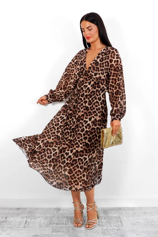 Never Miss A Pleat - Beige Leopard Plunge Pleated Midi Dress