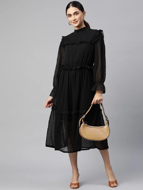 plusS Black Self Design Midi Dress