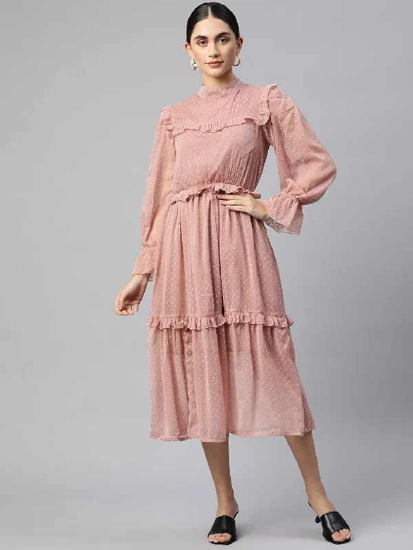 plusS Dusty Rose Pink Self Design Midi Dress