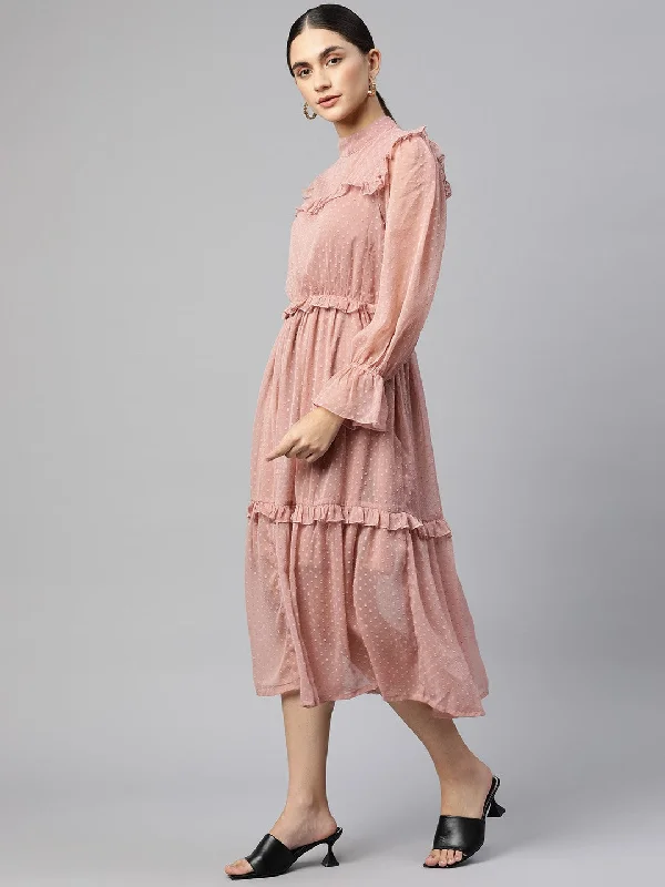 plusS Dusty Rose Pink Self Design Midi Dress