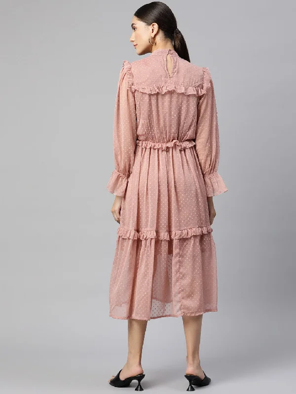 plusS Dusty Rose Pink Self Design Midi Dress