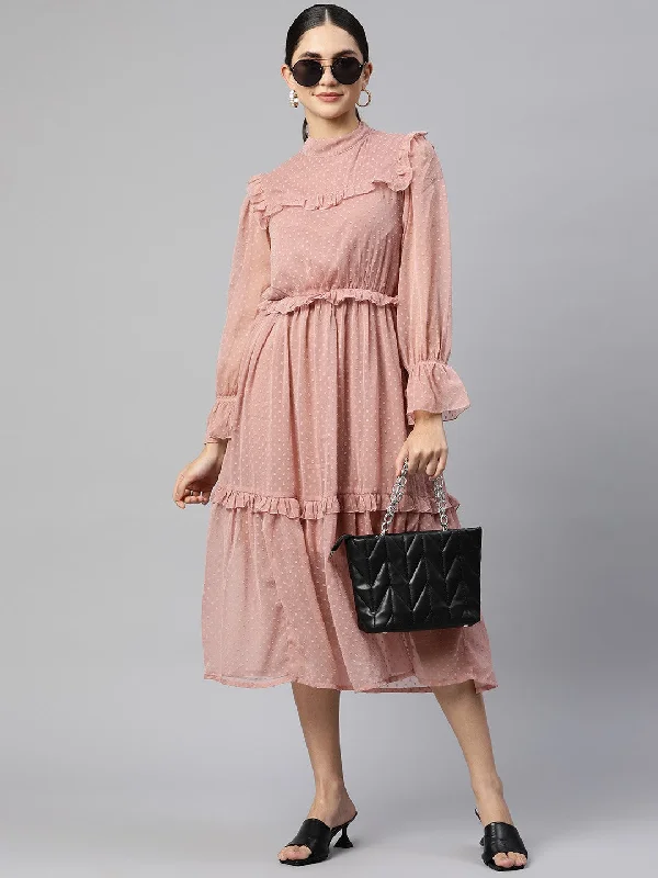 plusS Dusty Rose Pink Self Design Midi Dress