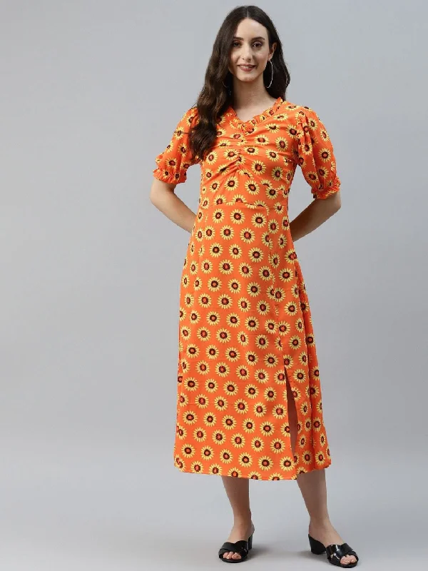 plusS Orange Floral Print A-Line Midi Dress