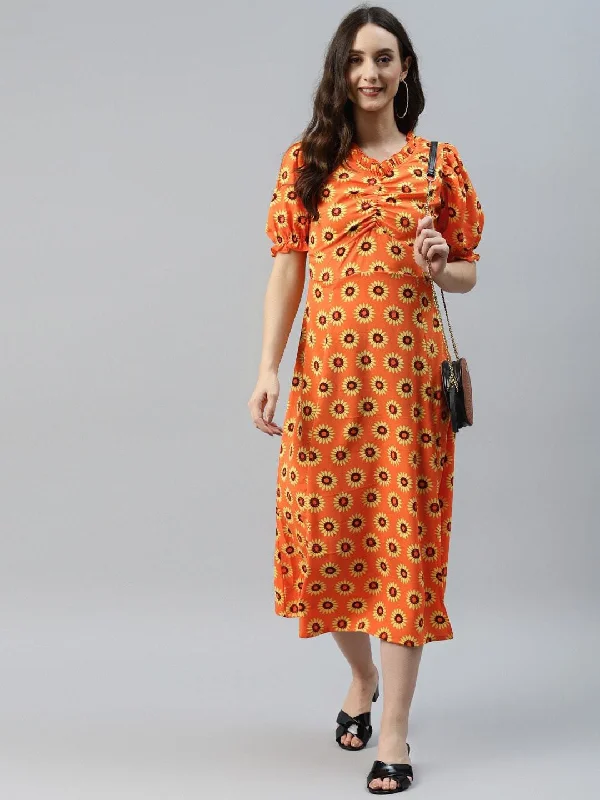 plusS Orange Floral Print A-Line Midi Dress