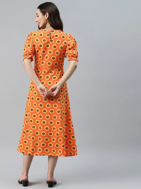 plusS Orange Floral Print A-Line Midi Dress